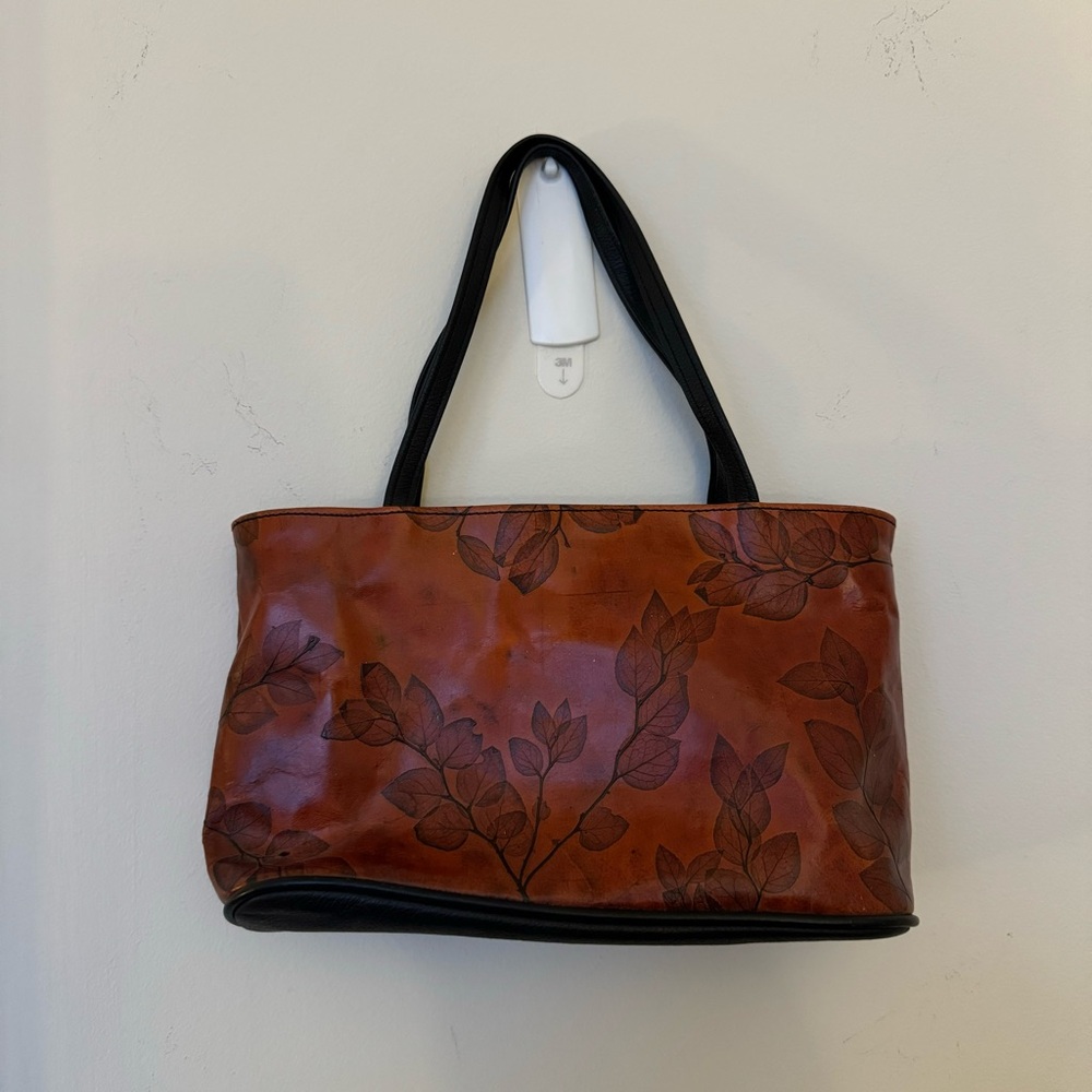 ❌ SOLD ❌ Vintage Brown Leather Leaf Print Mini Bag - Picture 1 of 9